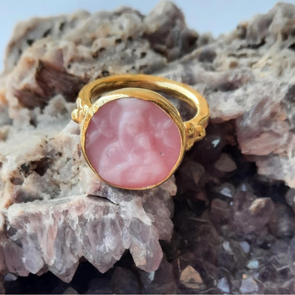 Intaglio Glass Greek Handmade Ring Virgin Mary Infant Jesus Pink Gold Plated